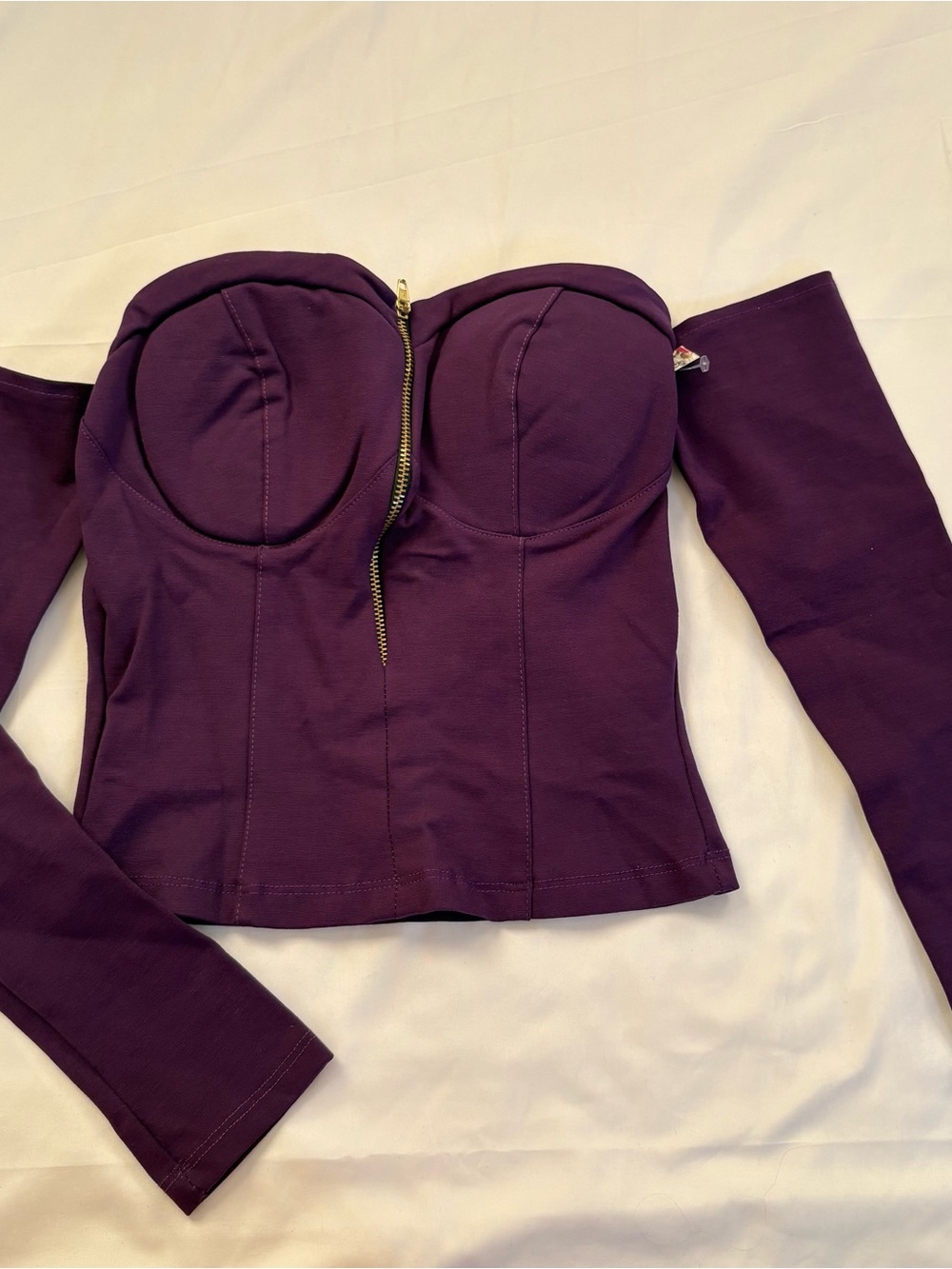 Women's Purple Off-Shoulder Bustier Crop Top with Long Sleeves